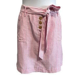Talbots Linen Striped Short Skirt Sz 10P Pink Tie Waist w Pockets Cute & Soft